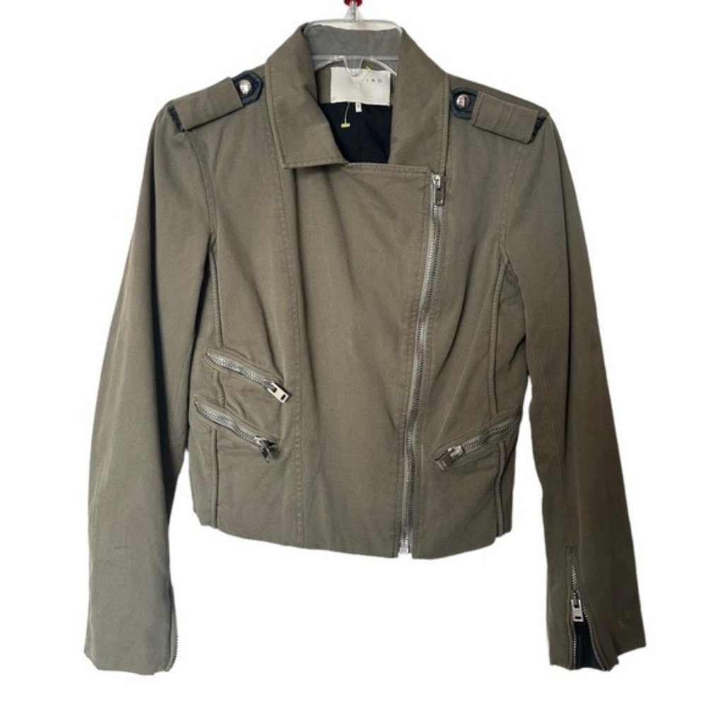 IRO Olive Green Denim Moto Biker Jacket Zippered Pointed Collar size 2